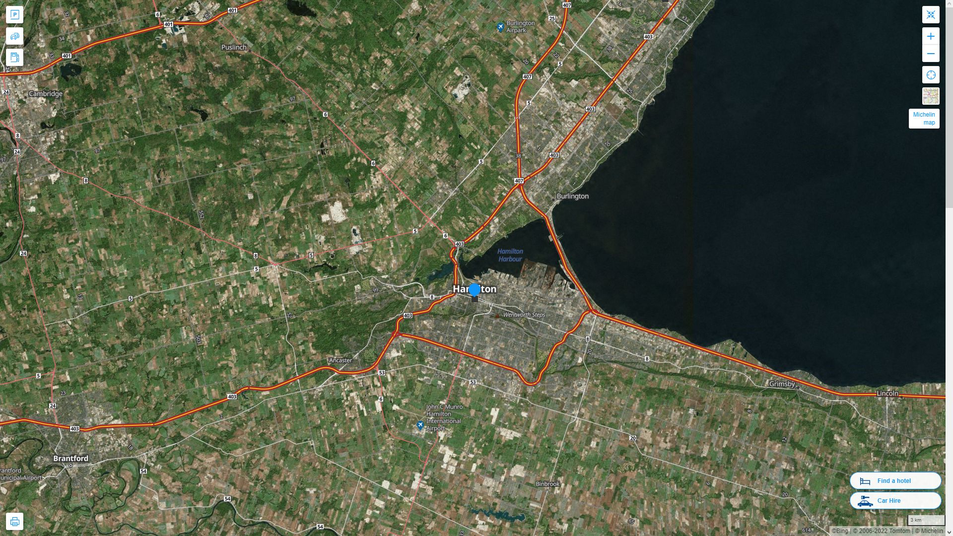 Hamilton Canada Autoroute et carte routiere avec vue satellite